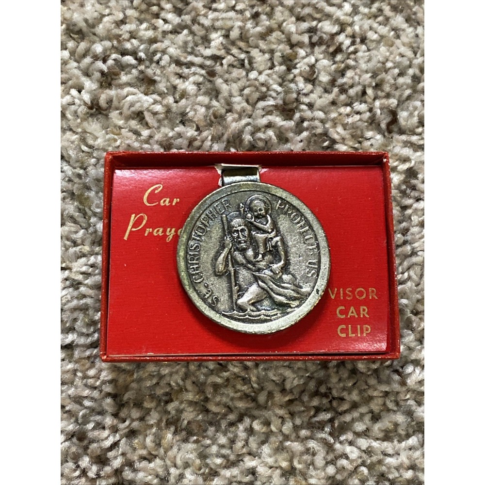 Vintage ST CHRISTOPHER SAINT Catholic MEDALLION Protect Us Truck Car Visor Metal